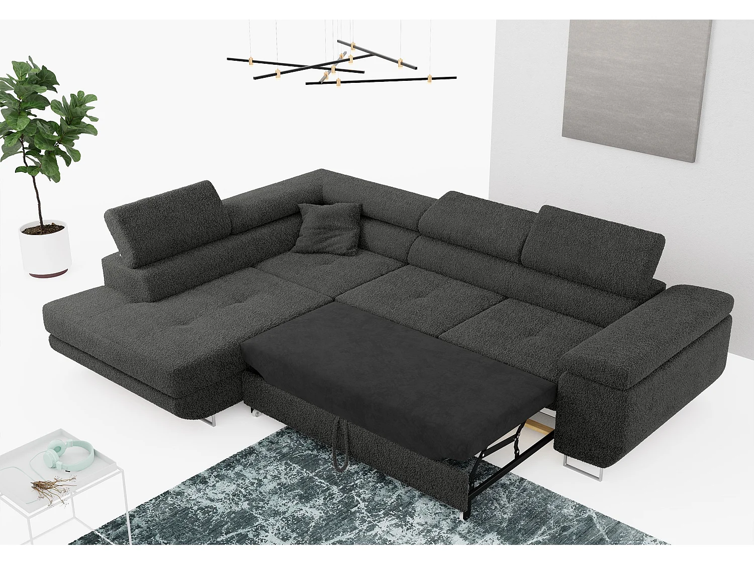 Ecksofa GUSTAW - mit Schlaffunktion, verstellbare Kopfstützen, Metallbeine - Dunkelgrau Boucle - Ecke Links