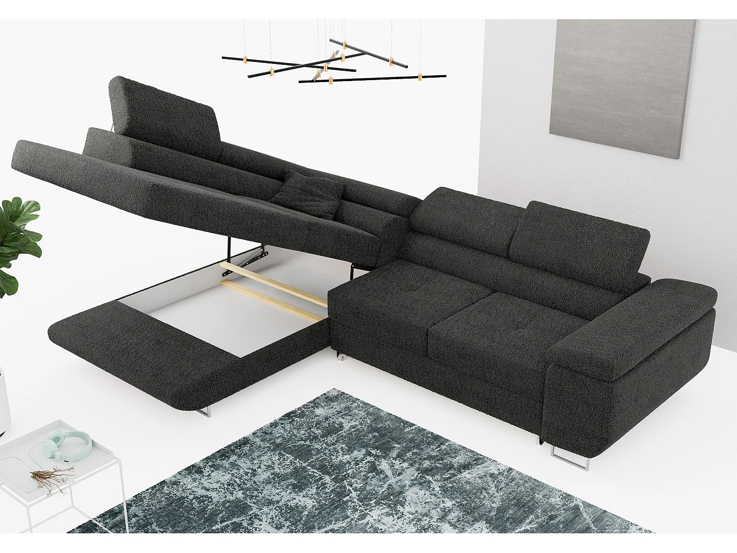 Ecksofa GUSTAW - mit Schlaffunktion, verstellbare Kopfstützen, Metallbeine - Dunkelgrau Boucle - Ecke Links