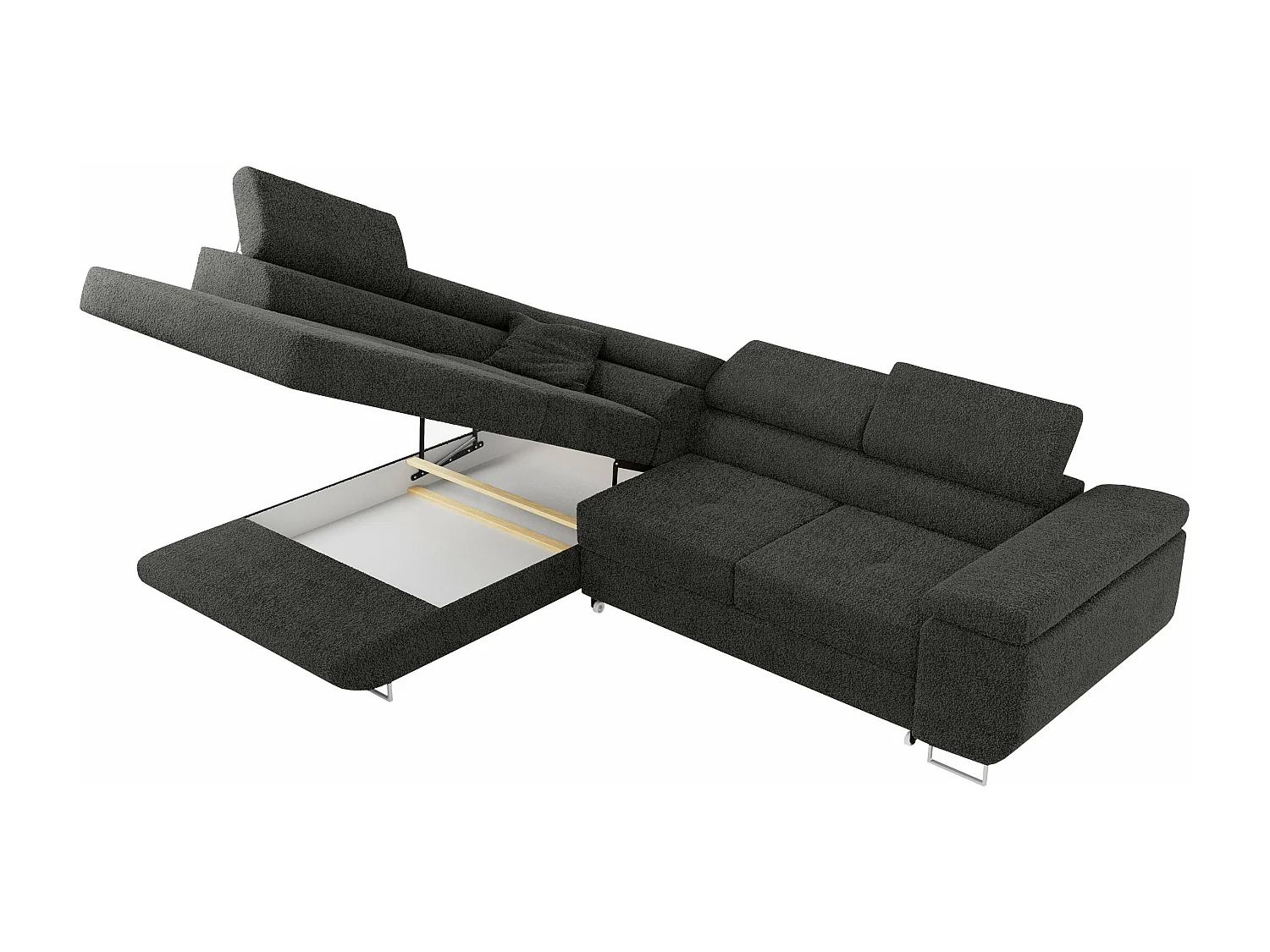 Ecksofa GUSTAW - mit Schlaffunktion, verstellbare Kopfstützen, Metallbeine - Dunkelgrau Boucle - Ecke Links