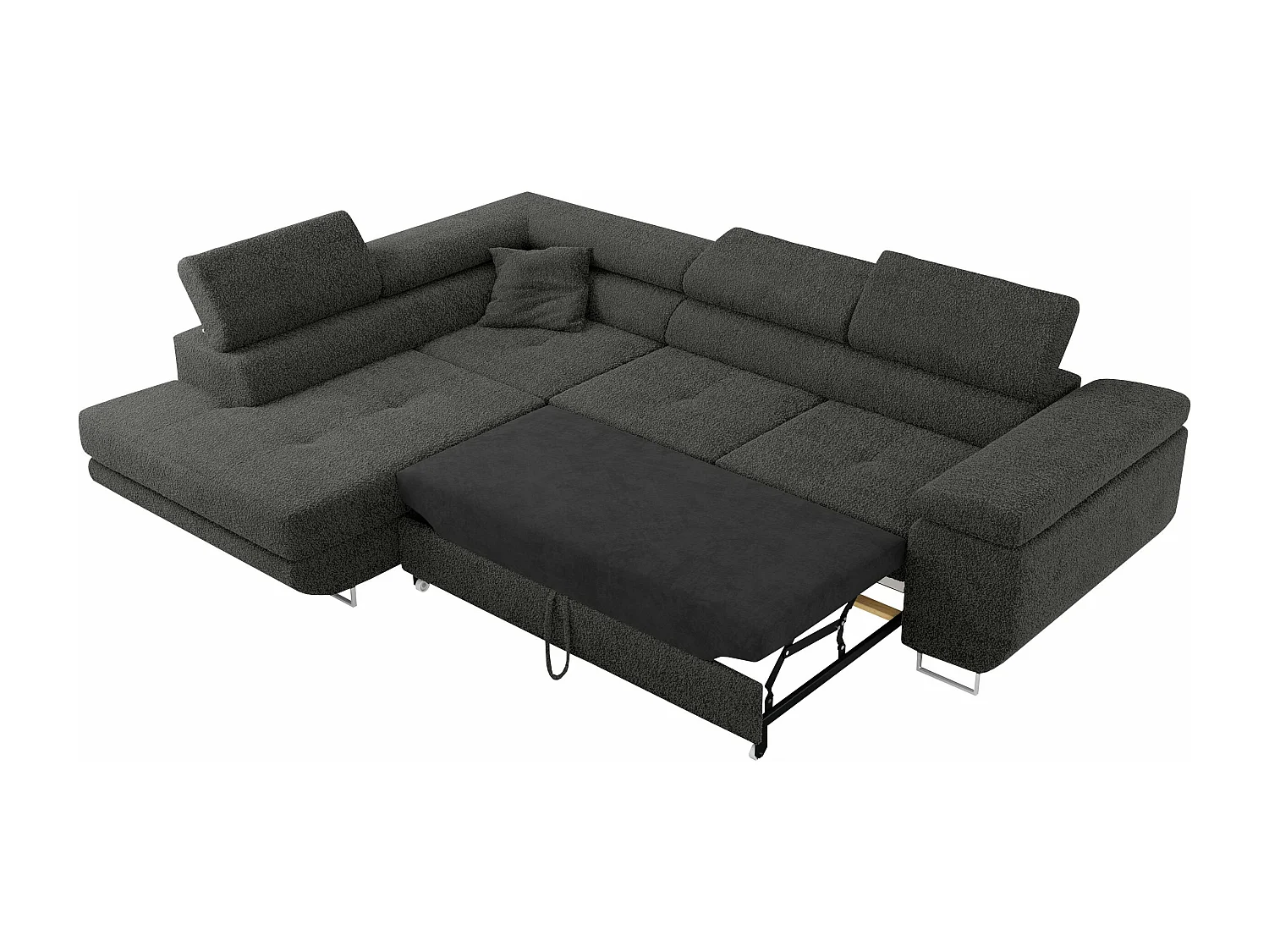Ecksofa GUSTAW - mit Schlaffunktion, verstellbare Kopfstützen, Metallbeine - Dunkelgrau Boucle - Ecke Links