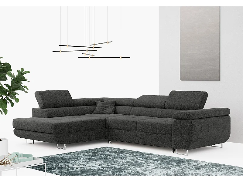 Ecksofa GUSTAW - mit Schlaffunktion, verstellbare Kopfstützen, Metallbeine - Dunkelgrau Boucle - Ecke Links