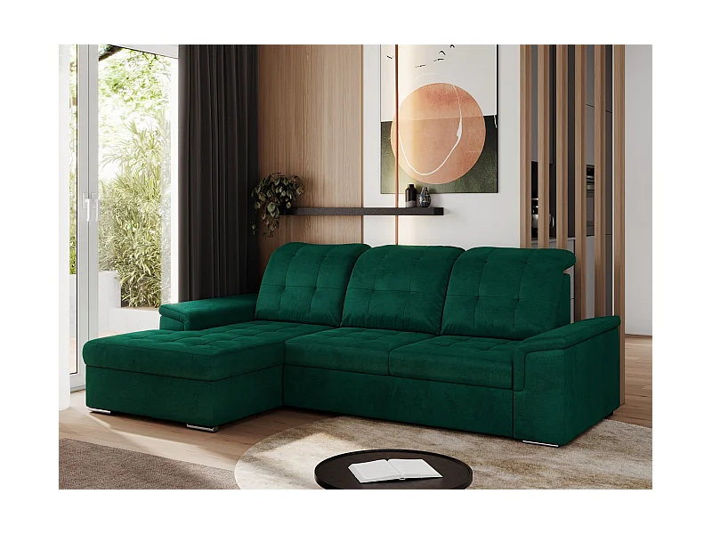 Ecksofa MADRITO - mit verstellbarer Rückenlehne, Armlehnen, gestepptem Sitz und Rückenlehne, Schlaffunktion - DunkelGrün Velvet - Ecke Links