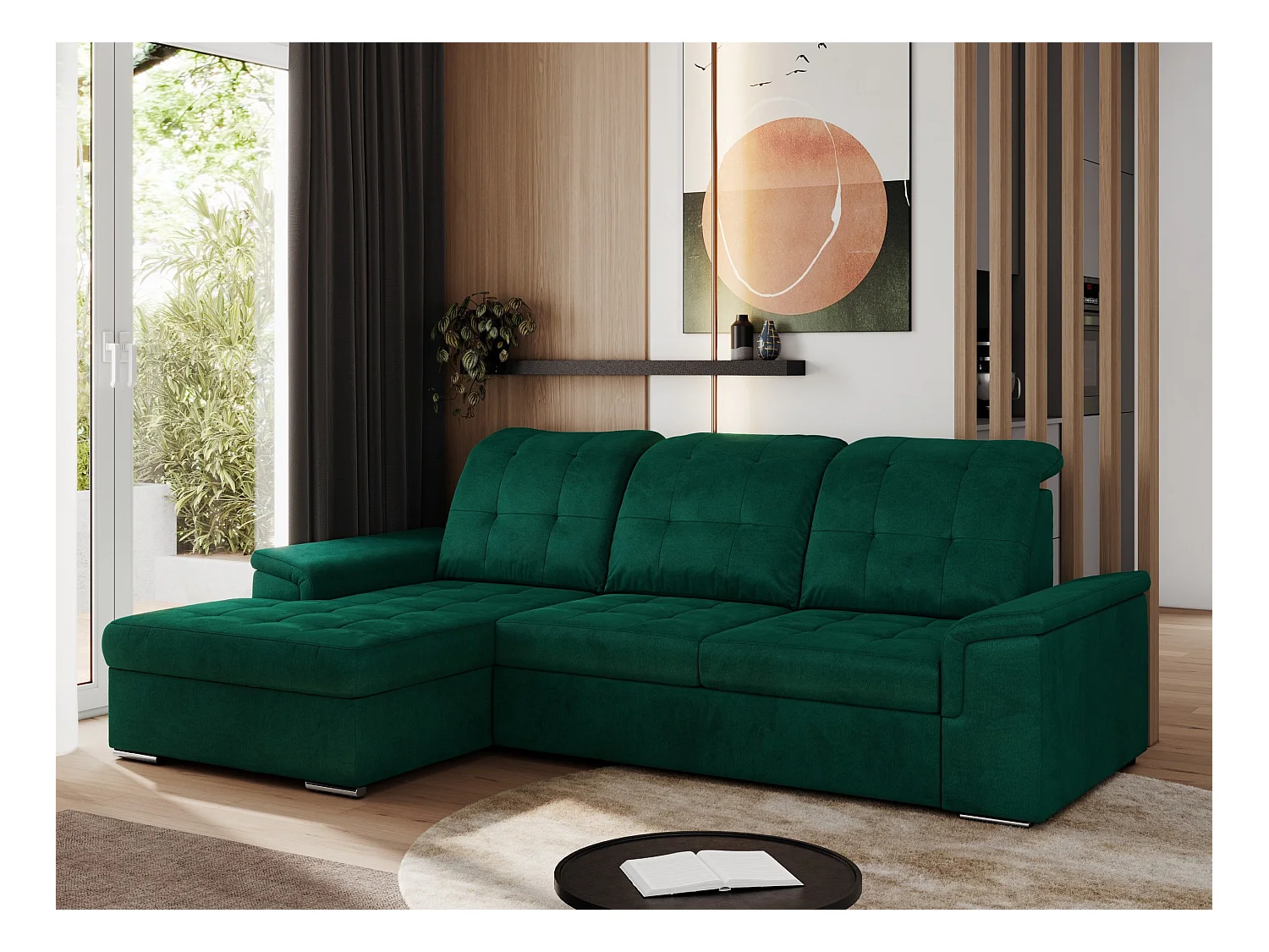 Ecksofa MADRITO - mit verstellbarer Rückenlehne, Armlehnen, gestepptem Sitz und Rückenlehne, Schlaffunktion - DunkelGrün Velvet - Ecke Links