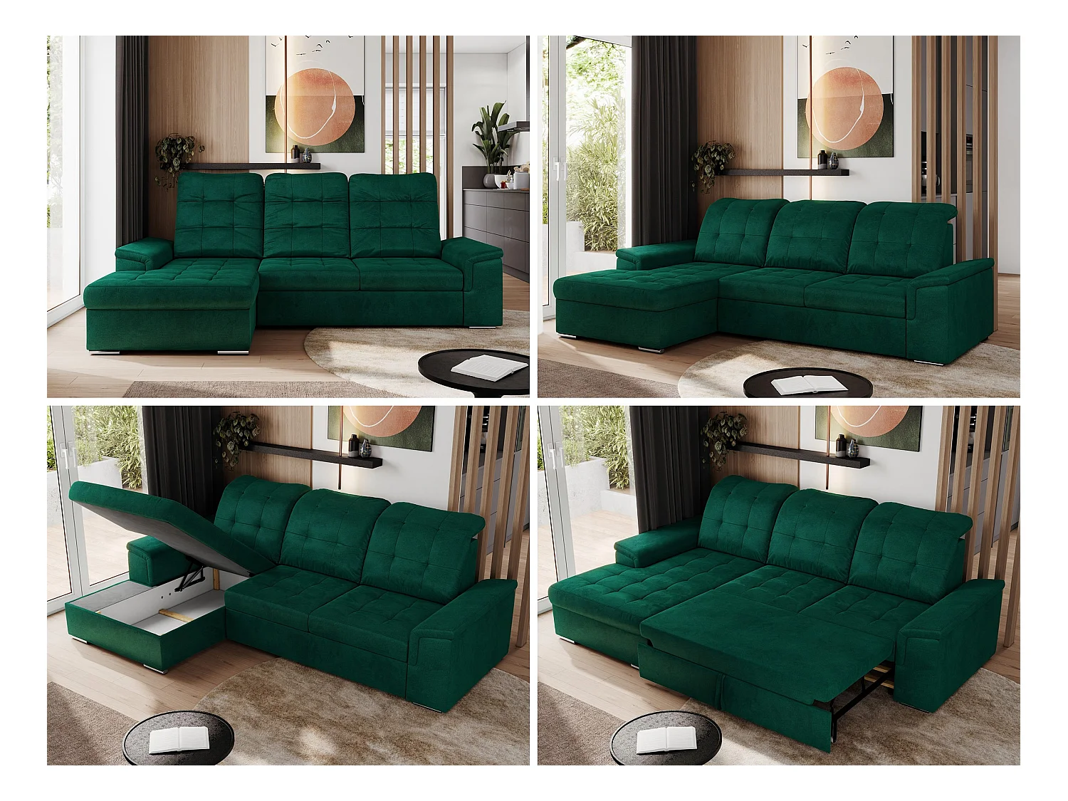 Ecksofa MADRITO - mit verstellbarer Rückenlehne, Armlehnen, gestepptem Sitz und Rückenlehne, Schlaffunktion - DunkelGrün Velvet - Ecke Links