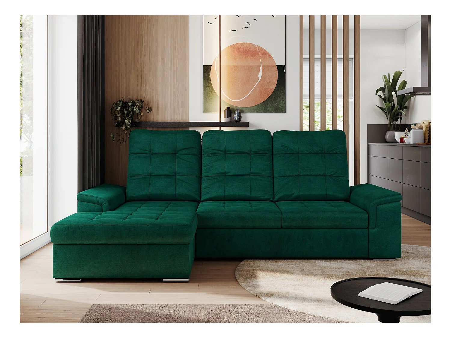 Ecksofa MADRITO - mit verstellbarer Rückenlehne, Armlehnen, gestepptem Sitz und Rückenlehne, Schlaffunktion - DunkelGrün Velvet - Ecke Links