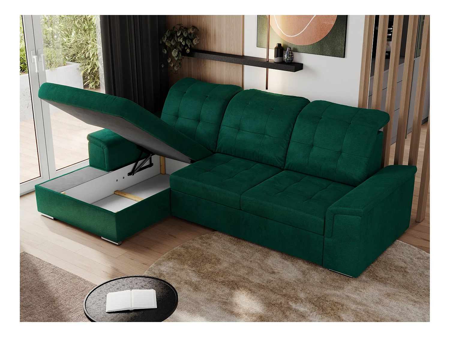 Ecksofa MADRITO - mit verstellbarer Rückenlehne, Armlehnen, gestepptem Sitz und Rückenlehne, Schlaffunktion - DunkelGrün Velvet - Ecke Links