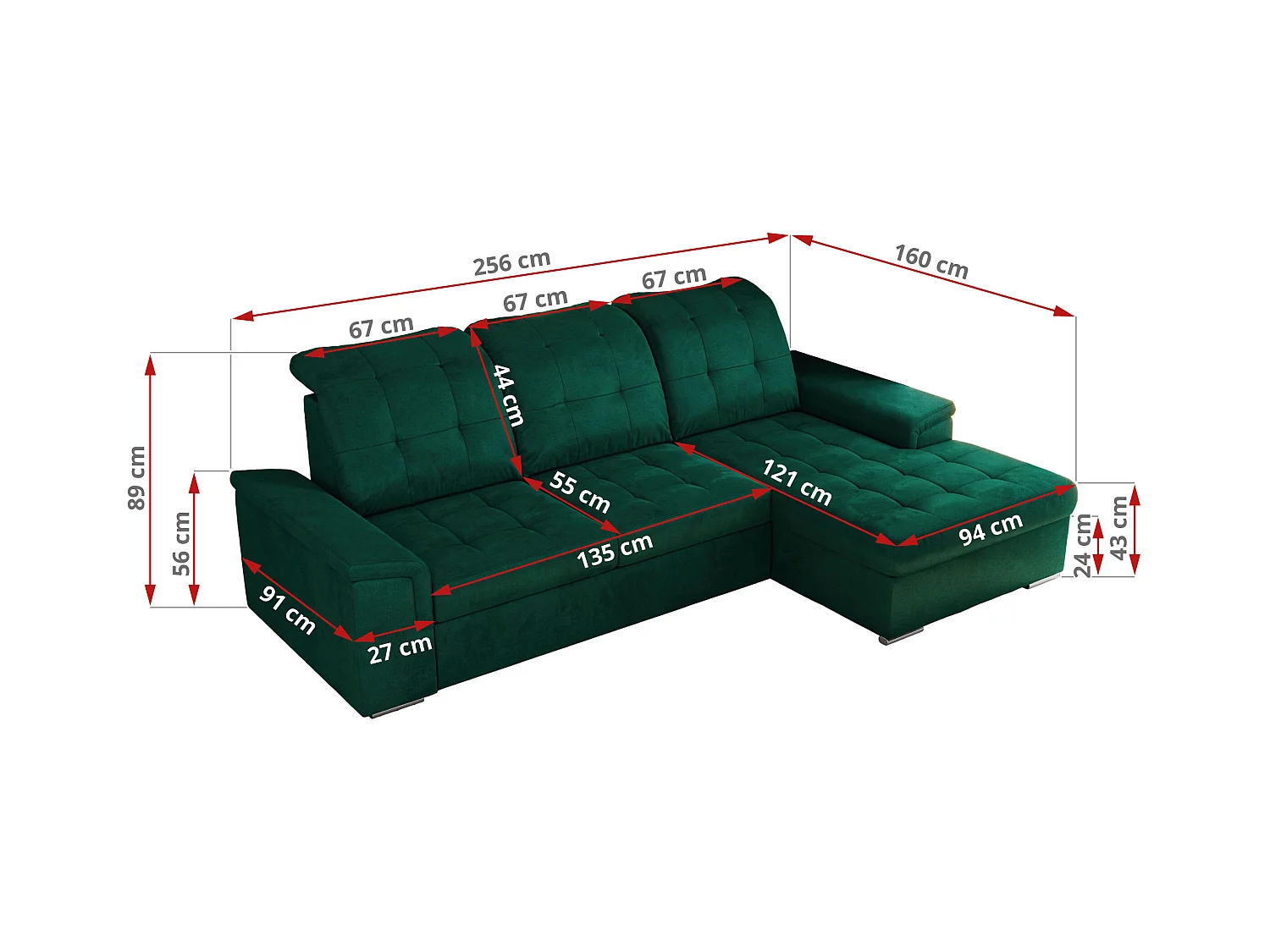 Ecksofa MADRITO - mit verstellbarer Rückenlehne, Armlehnen, gestepptem Sitz und Rückenlehne, Schlaffunktion - DunkelGrün Velvet - Ecke Links