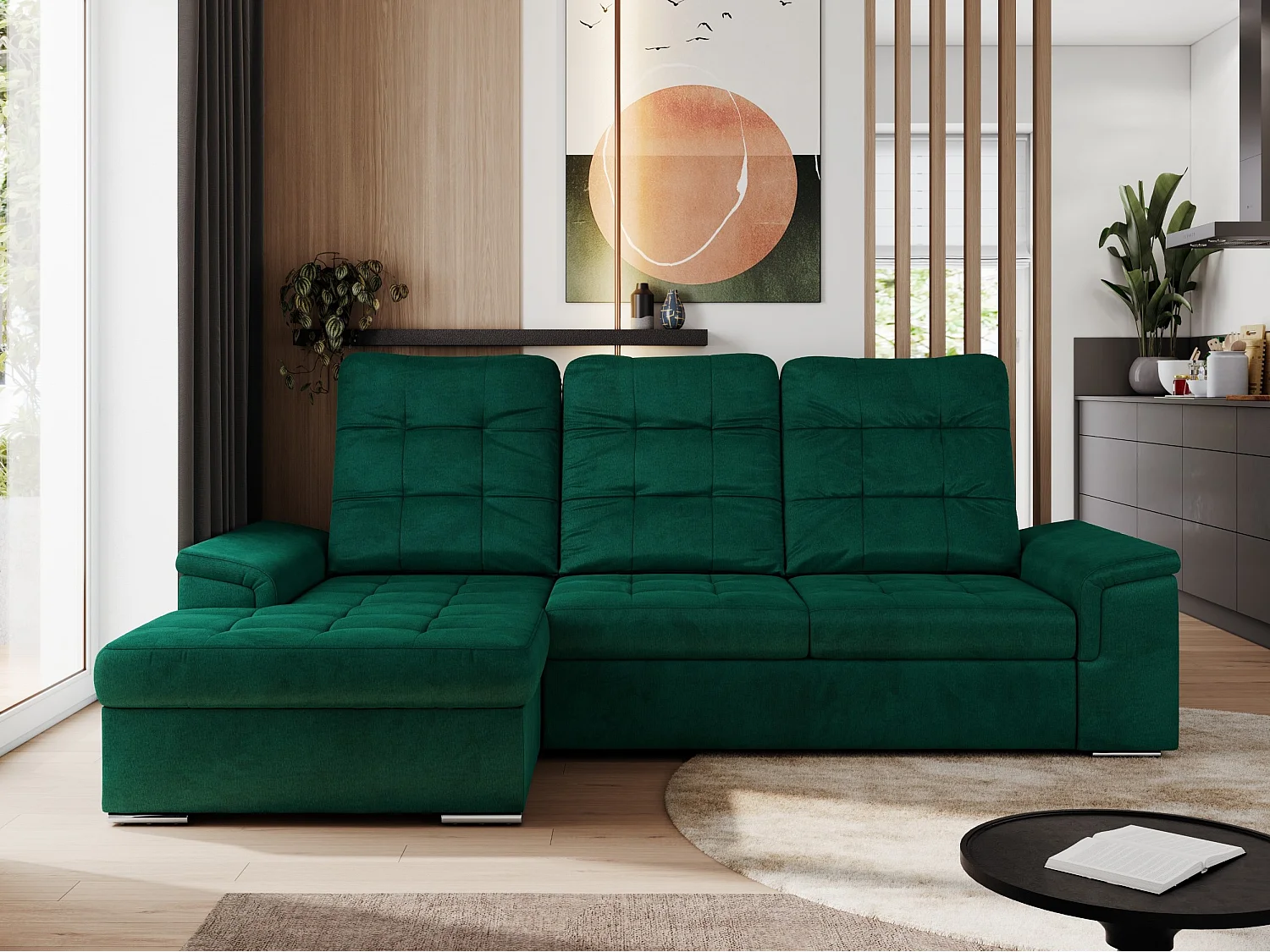 Ecksofa MADRITO - mit verstellbarer Rückenlehne, Armlehnen, gestepptem Sitz und Rückenlehne, Schlaffunktion - DunkelGrün Velvet - Ecke Links