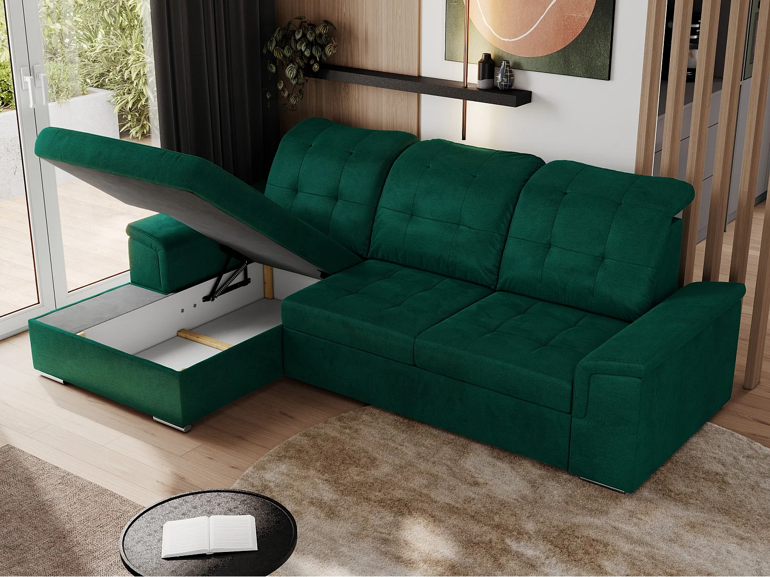 Ecksofa MADRITO - mit verstellbarer Rückenlehne, Armlehnen, gestepptem Sitz und Rückenlehne, Schlaffunktion - DunkelGrün Velvet - Ecke Links