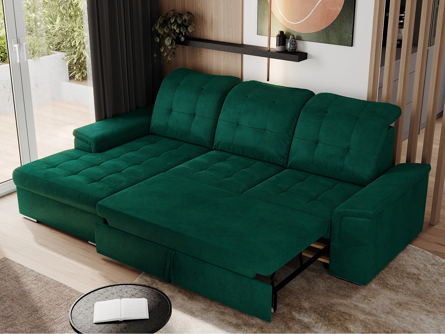 Ecksofa MADRITO - mit verstellbarer Rückenlehne, Armlehnen, gestepptem Sitz und Rückenlehne, Schlaffunktion - DunkelGrün Velvet - Ecke Links