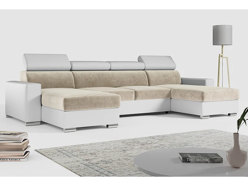 Ecksofa FOX U - verstellbare Kopfstützen, zwei Bettkästen, L-förmige Ecke mit Schlaffunktion, Armlehnen - Beige, Weiß - Velvet, Kunstleder