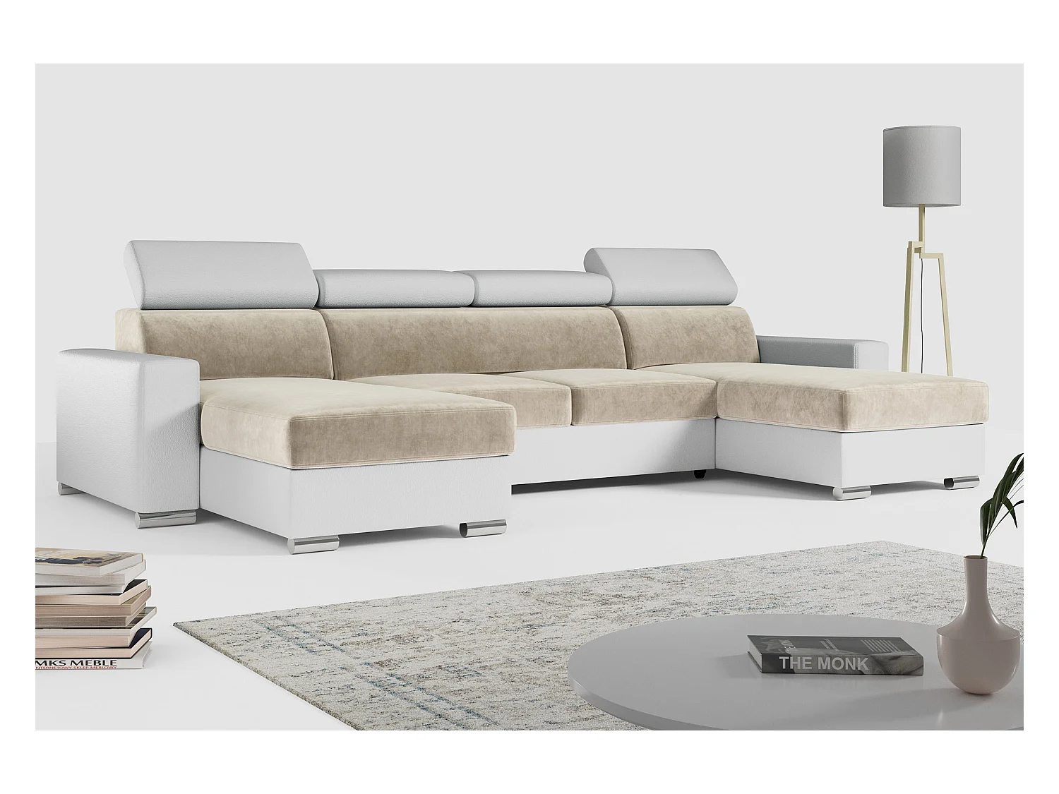 Ecksofa FOX U - verstellbare Kopfstützen, zwei Bettkästen, L-förmige Ecke mit Schlaffunktion, Armlehnen - Beige, Weiß - Velvet, Kunstleder