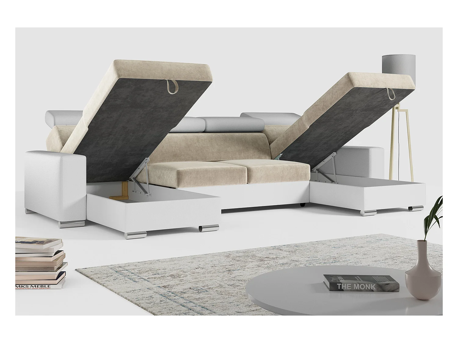 Ecksofa FOX U - verstellbare Kopfstützen, zwei Bettkästen, L-förmige Ecke mit Schlaffunktion, Armlehnen - Beige, Weiß - Velvet, Kunstleder