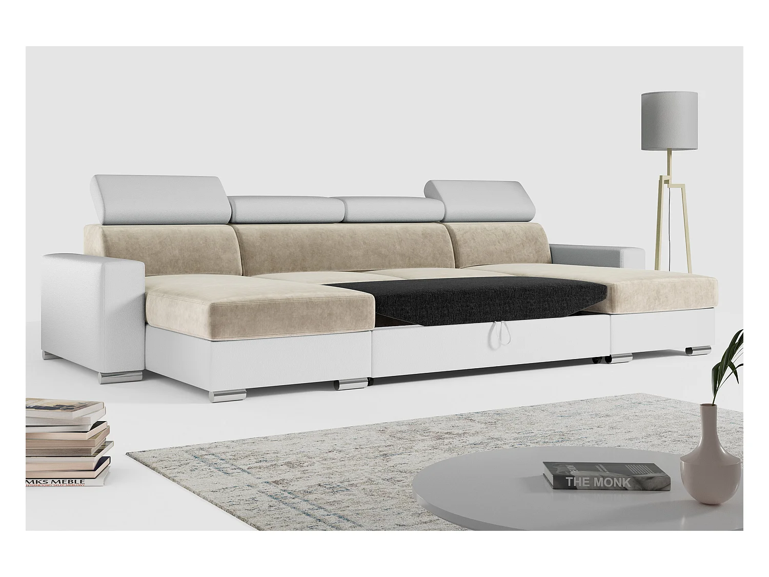 Ecksofa FOX U - verstellbare Kopfstützen, zwei Bettkästen, L-förmige Ecke mit Schlaffunktion, Armlehnen - Beige, Weiß - Velvet, Kunstleder