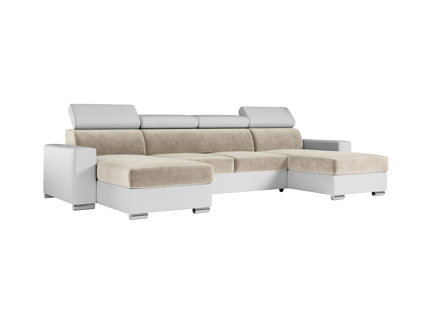 Ecksofa FOX U - verstellbare Kopfstützen, zwei Bettkästen, L-förmige Ecke mit Schlaffunktion, Armlehnen - Beige, Weiß - Velvet, Kunstleder