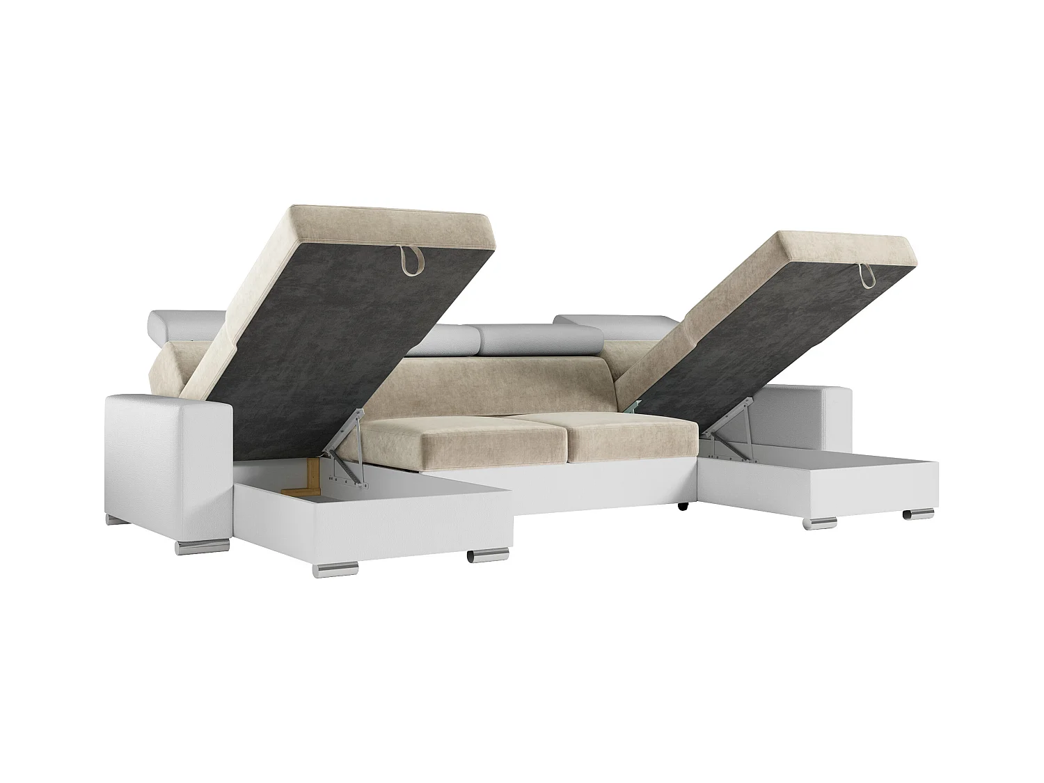 Ecksofa FOX U - verstellbare Kopfstützen, zwei Bettkästen, L-förmige Ecke mit Schlaffunktion, Armlehnen - Beige, Weiß - Velvet, Kunstleder