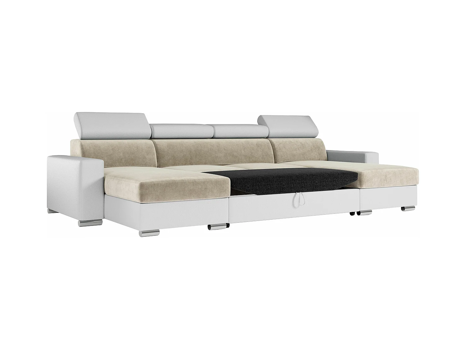 Ecksofa FOX U - verstellbare Kopfstützen, zwei Bettkästen, L-förmige Ecke mit Schlaffunktion, Armlehnen - Beige, Weiß - Velvet, Kunstleder