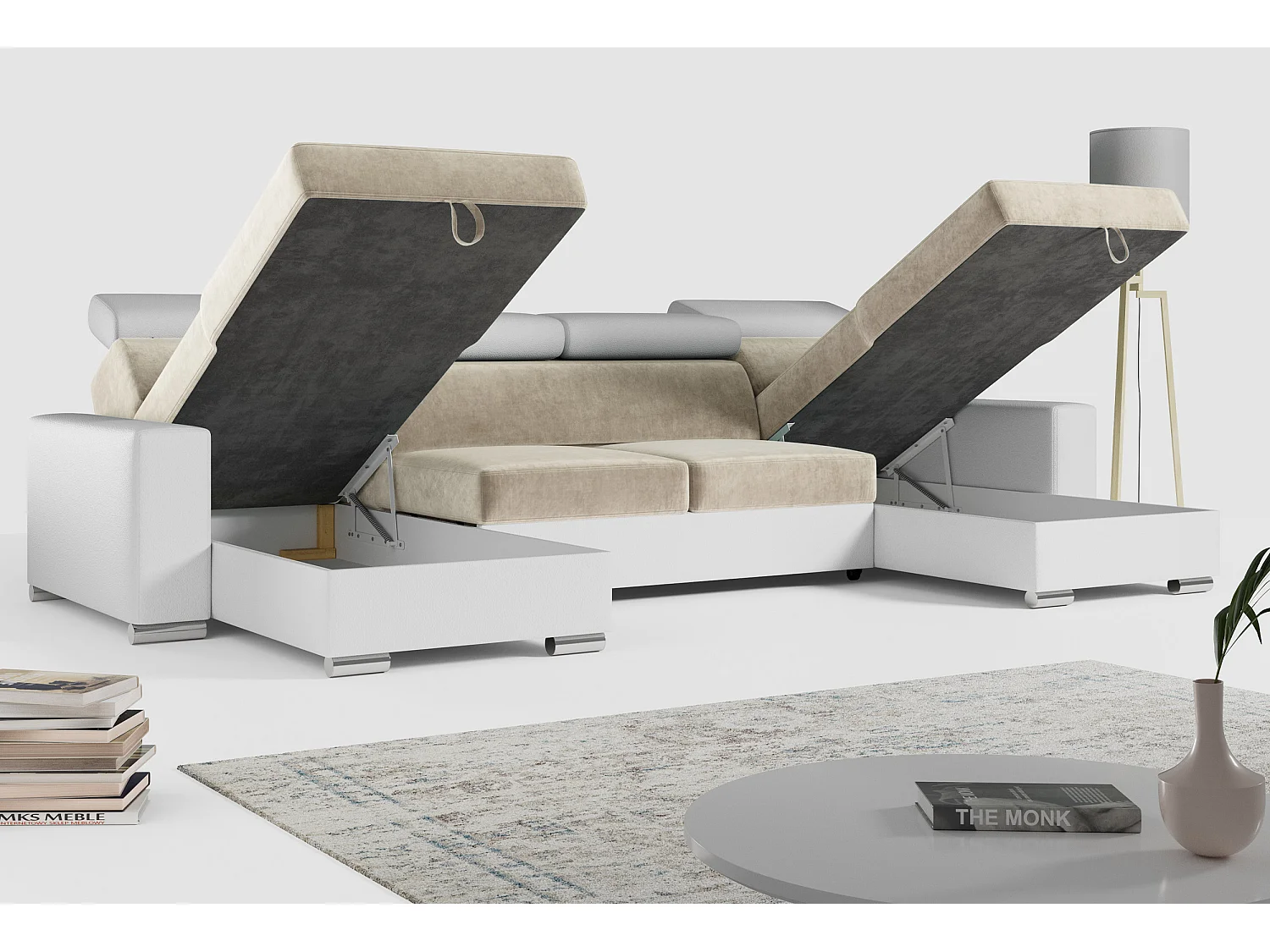 Ecksofa FOX U - verstellbare Kopfstützen, zwei Bettkästen, L-förmige Ecke mit Schlaffunktion, Armlehnen - Beige, Weiß - Velvet, Kunstleder