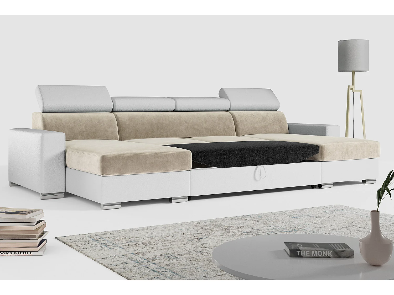 Ecksofa FOX U - verstellbare Kopfstützen, zwei Bettkästen, L-förmige Ecke mit Schlaffunktion, Armlehnen - Beige, Weiß - Velvet, Kunstleder