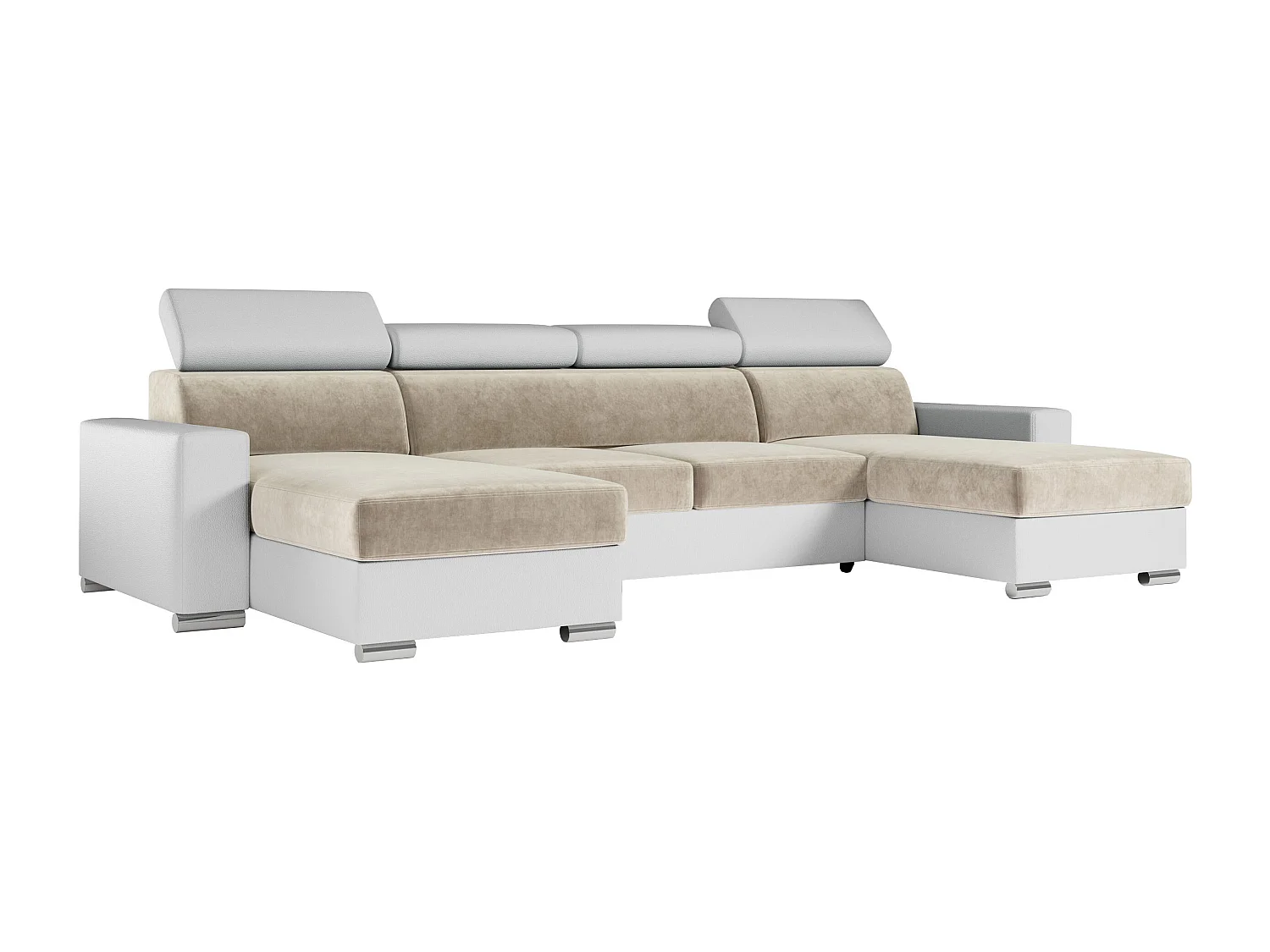 Ecksofa FOX U - verstellbare Kopfstützen, zwei Bettkästen, L-förmige Ecke mit Schlaffunktion, Armlehnen - Beige, Weiß - Velvet, Kunstleder