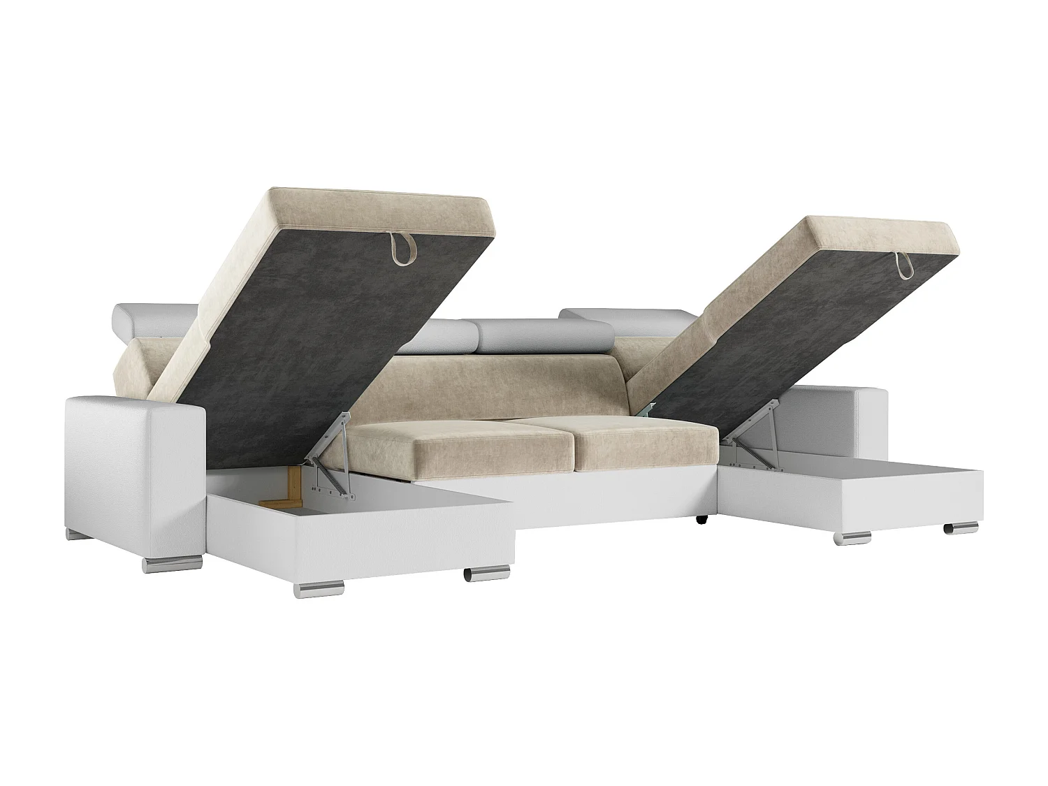 Ecksofa FOX U - verstellbare Kopfstützen, zwei Bettkästen, L-förmige Ecke mit Schlaffunktion, Armlehnen - Beige, Weiß - Velvet, Kunstleder