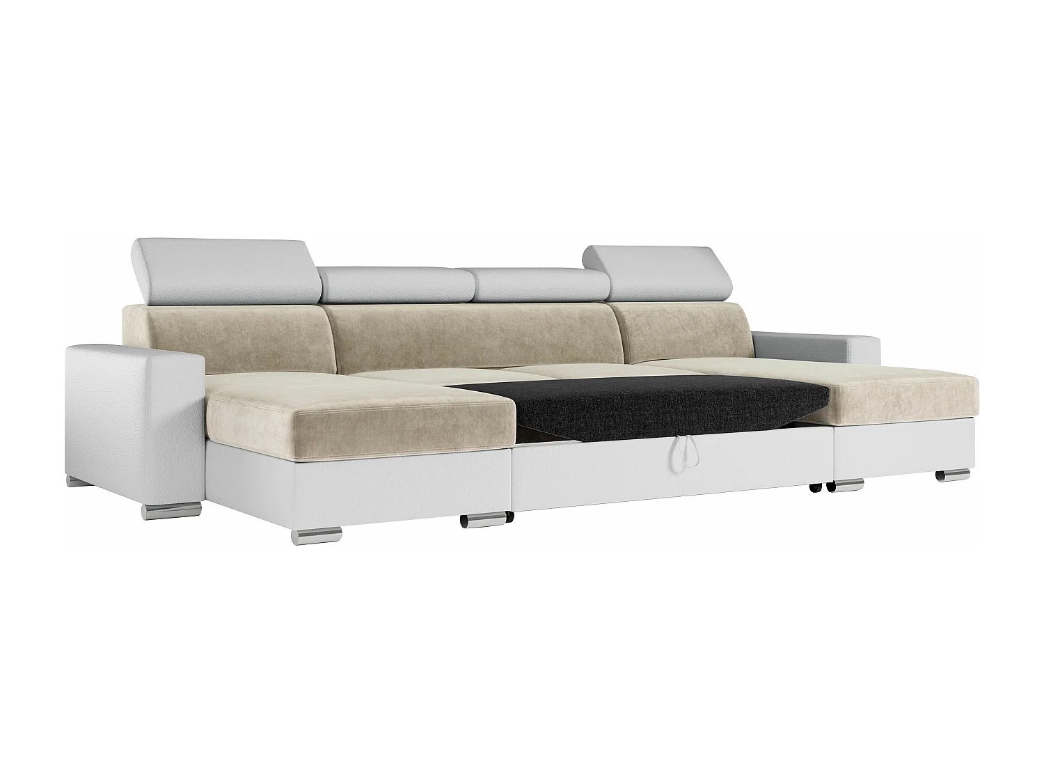 Ecksofa FOX U - verstellbare Kopfstützen, zwei Bettkästen, L-förmige Ecke mit Schlaffunktion, Armlehnen - Beige, Weiß - Velvet, Kunstleder