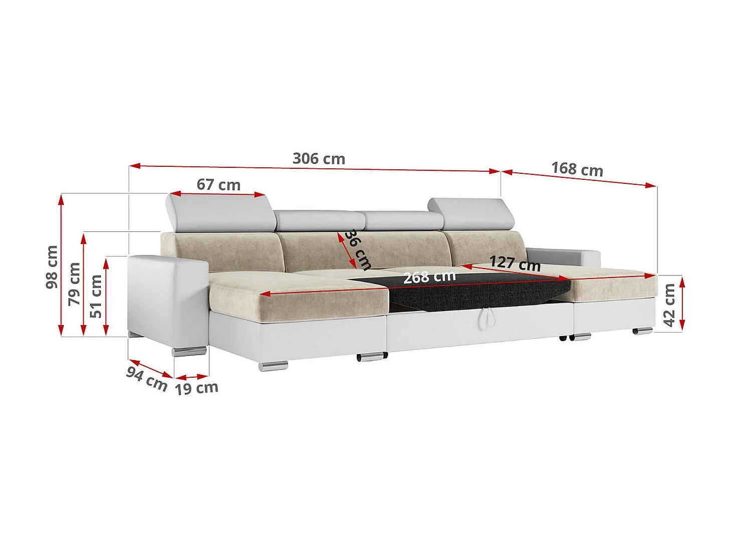 Ecksofa FOX U - verstellbare Kopfstützen, zwei Bettkästen, L-förmige Ecke mit Schlaffunktion, Armlehnen - Beige, Weiß - Velvet, Kunstleder