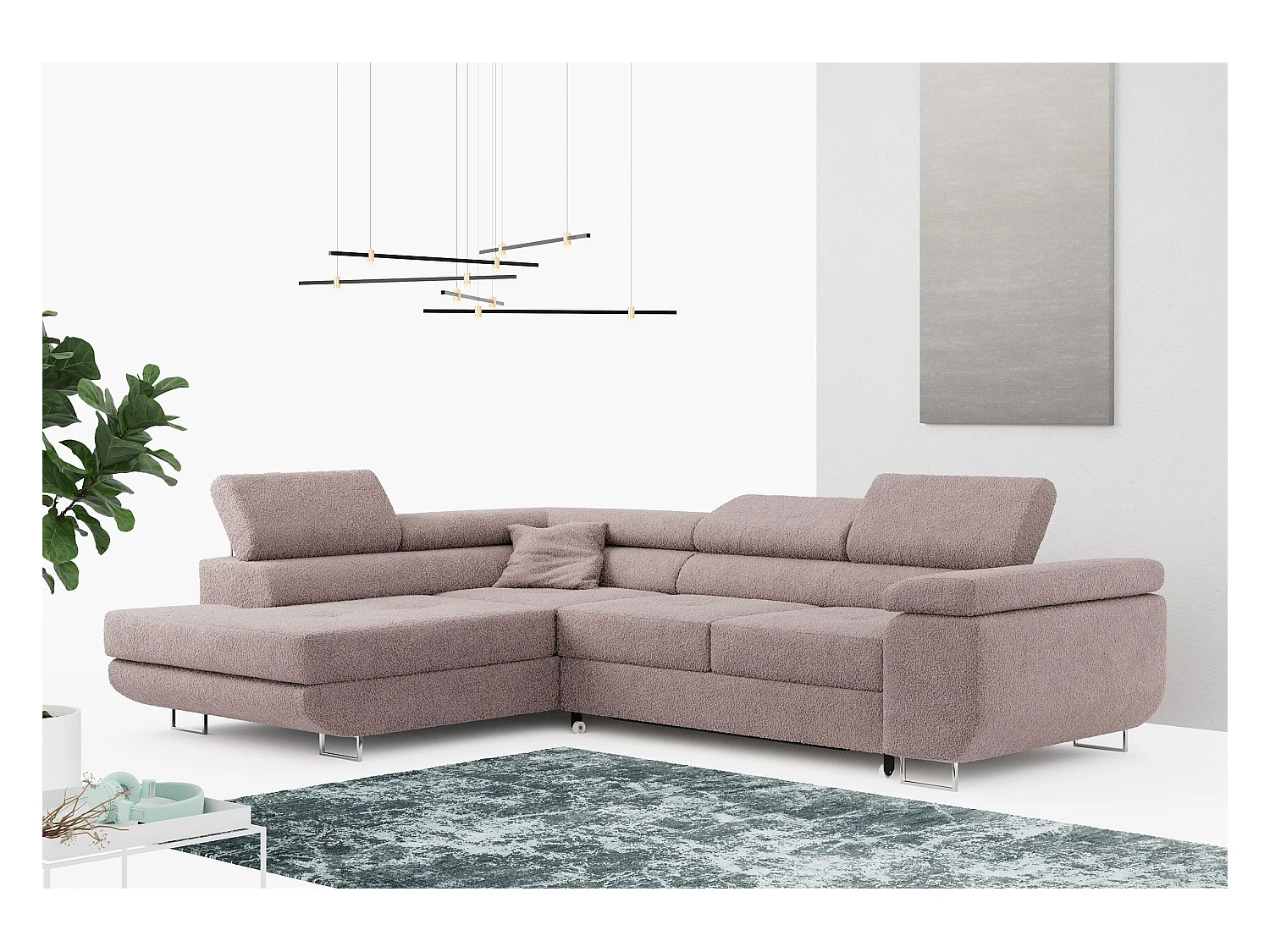 Ecksofa GUSTAW - mit Schlaffunktion, verstellbare Kopfstützen, Metallbeine - Rose Boucle - Ecke Links
