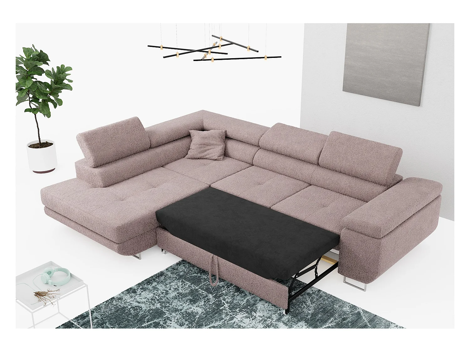 Ecksofa GUSTAW - mit Schlaffunktion, verstellbare Kopfstützen, Metallbeine - Rose Boucle - Ecke Links