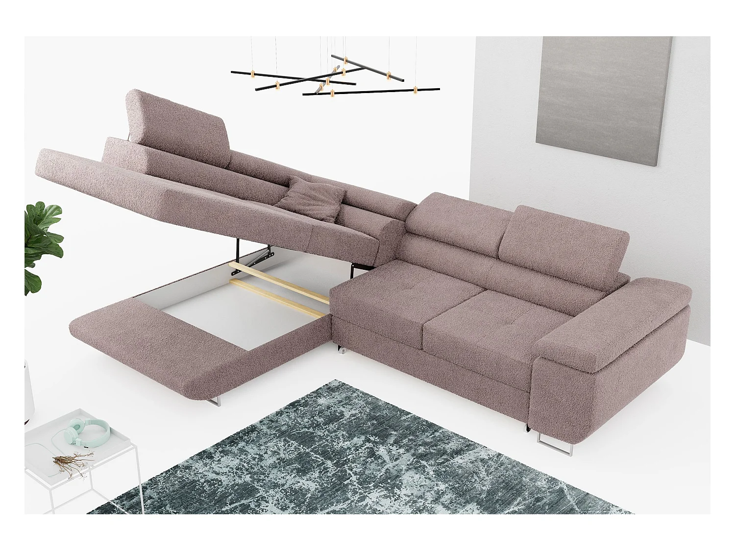 Ecksofa GUSTAW - mit Schlaffunktion, verstellbare Kopfstützen, Metallbeine - Rose Boucle - Ecke Links