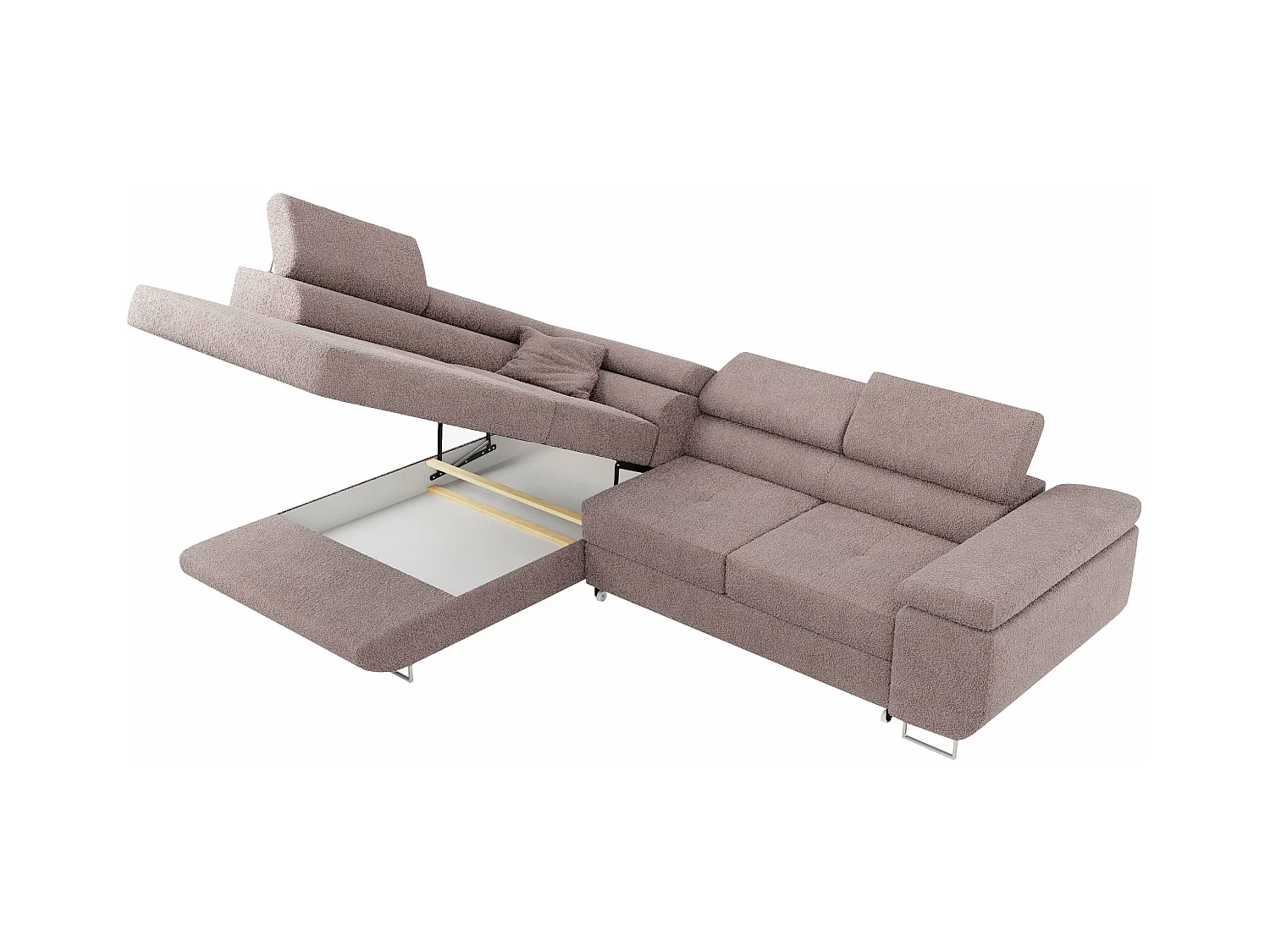 Ecksofa GUSTAW - mit Schlaffunktion, verstellbare Kopfstützen, Metallbeine - Rose Boucle - Ecke Links