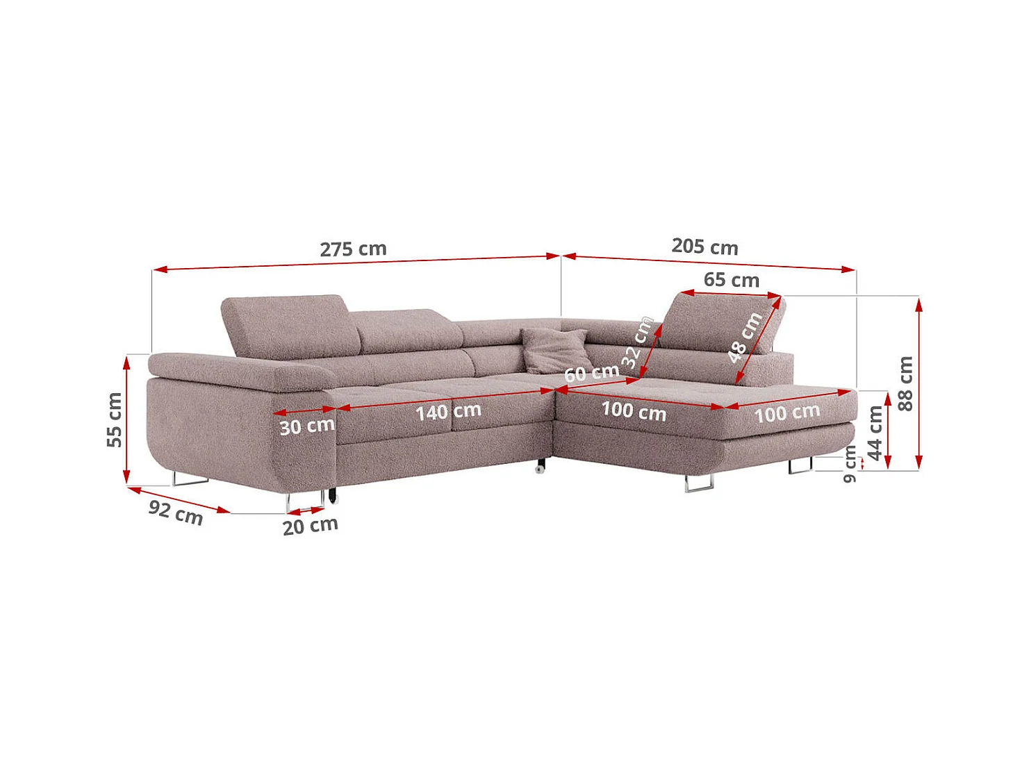 Ecksofa GUSTAW - mit Schlaffunktion, verstellbare Kopfstützen, Metallbeine - Rose Boucle - Ecke Links