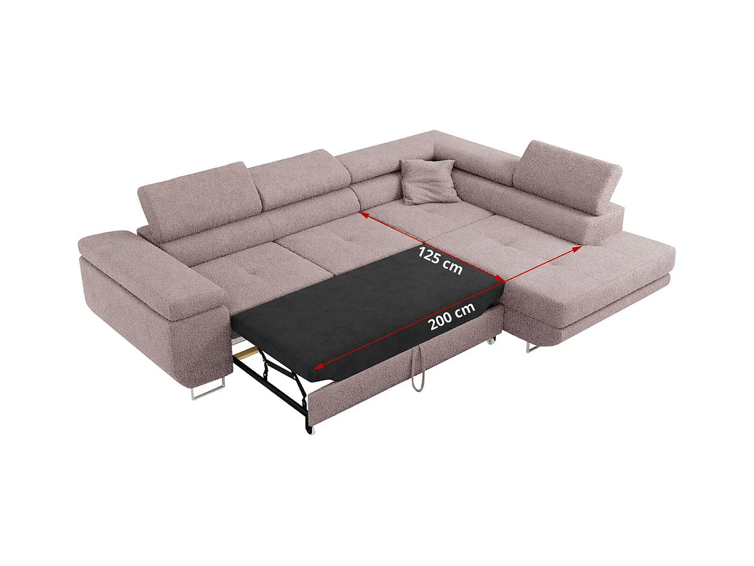 Ecksofa GUSTAW - mit Schlaffunktion, verstellbare Kopfstützen, Metallbeine - Rose Boucle - Ecke Links