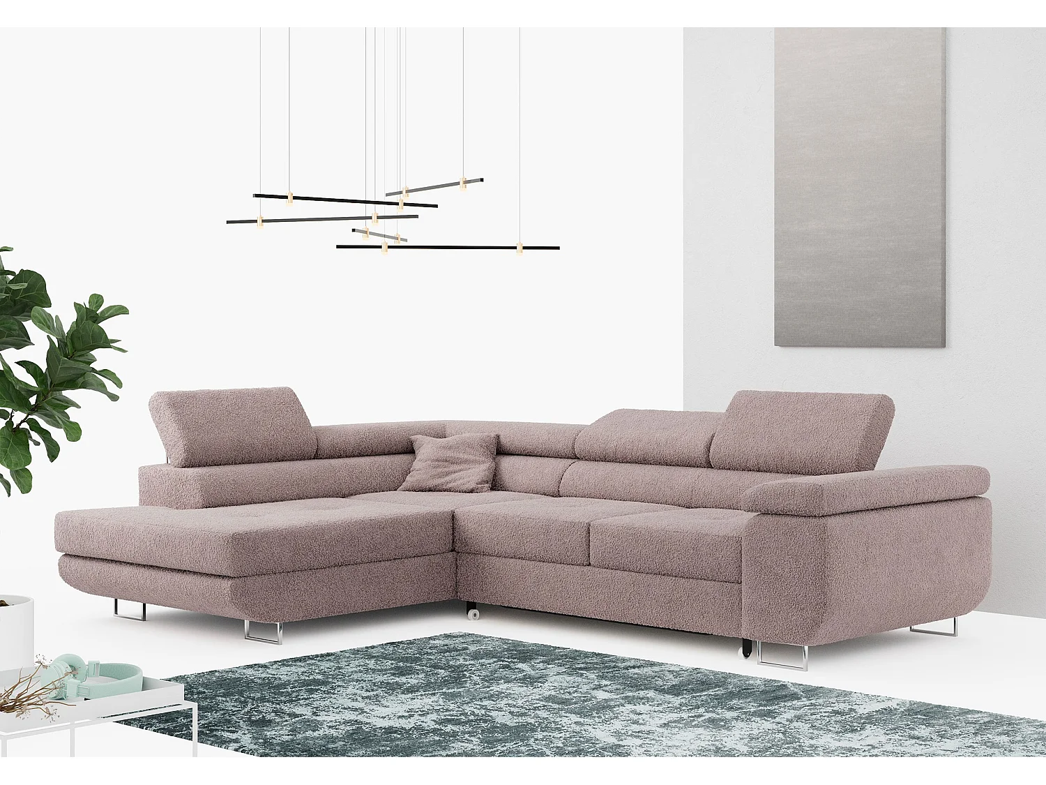 Ecksofa GUSTAW - mit Schlaffunktion, verstellbare Kopfstützen, Metallbeine - Rose Boucle - Ecke Links