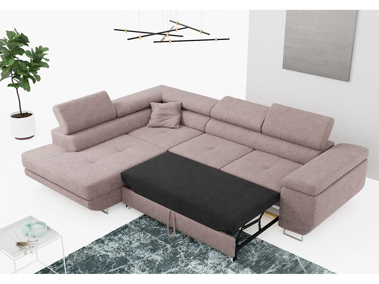 Ecksofa GUSTAW - mit Schlaffunktion, verstellbare Kopfstützen, Metallbeine - Rose Boucle - Ecke Links