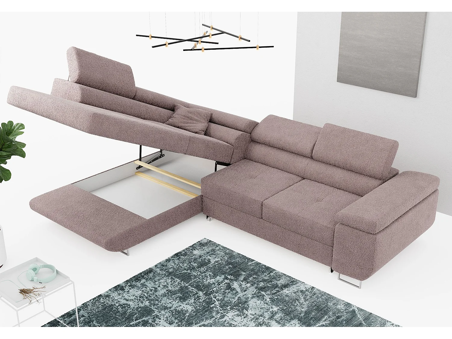 Ecksofa GUSTAW - mit Schlaffunktion, verstellbare Kopfstützen, Metallbeine - Rose Boucle - Ecke Links