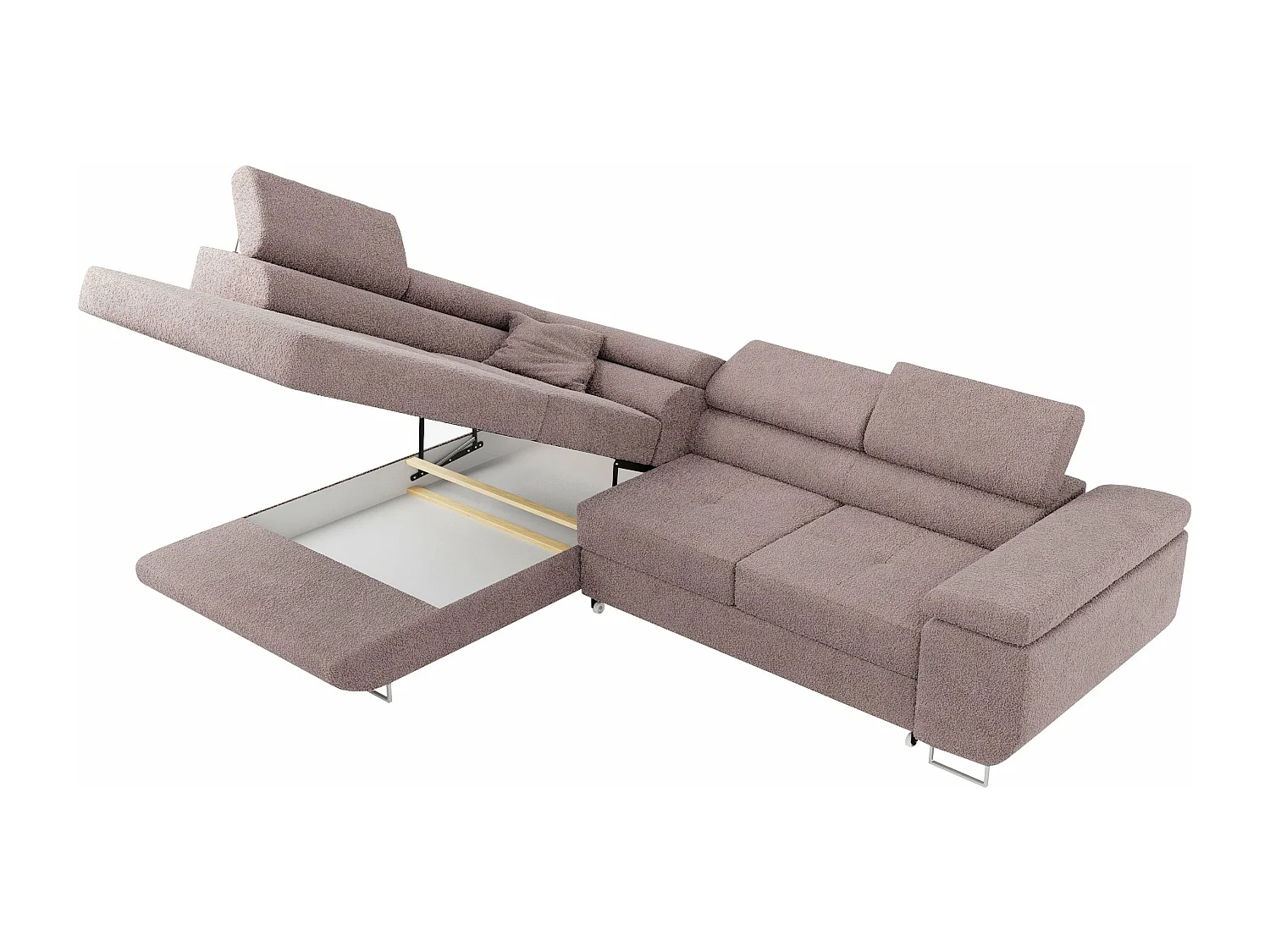 Ecksofa GUSTAW - mit Schlaffunktion, verstellbare Kopfstützen, Metallbeine - Rose Boucle - Ecke Links