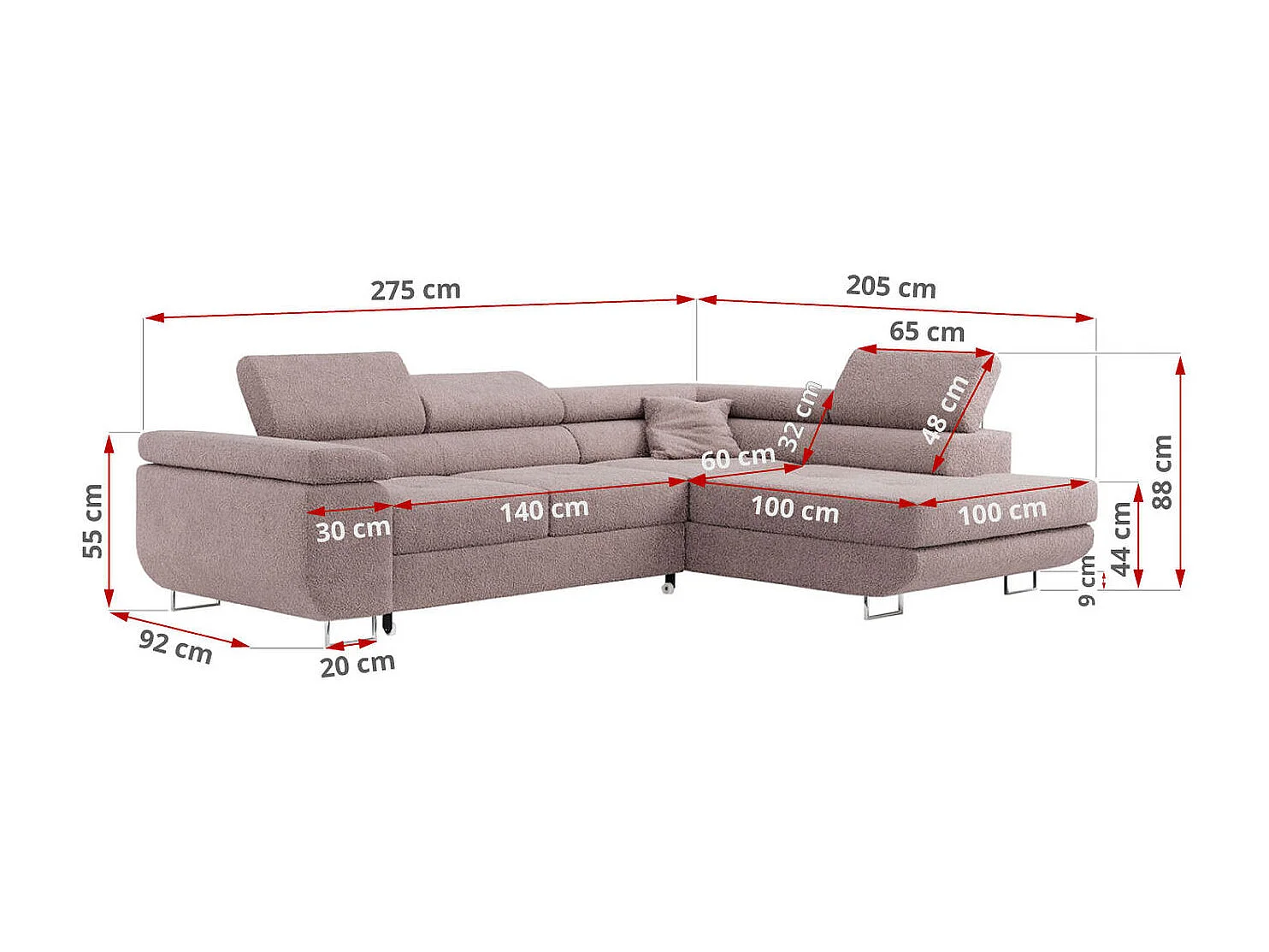 Ecksofa GUSTAW - mit Schlaffunktion, verstellbare Kopfstützen, Metallbeine - Rose Boucle - Ecke Links