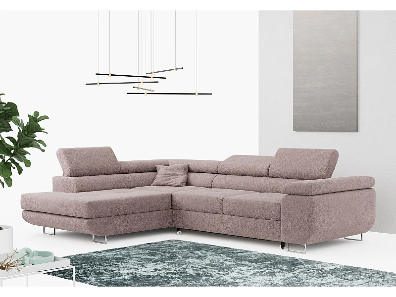 Ecksofa GUSTAW - mit Schlaffunktion, verstellbare Kopfstützen, Metallbeine - Rose Boucle - Ecke Links