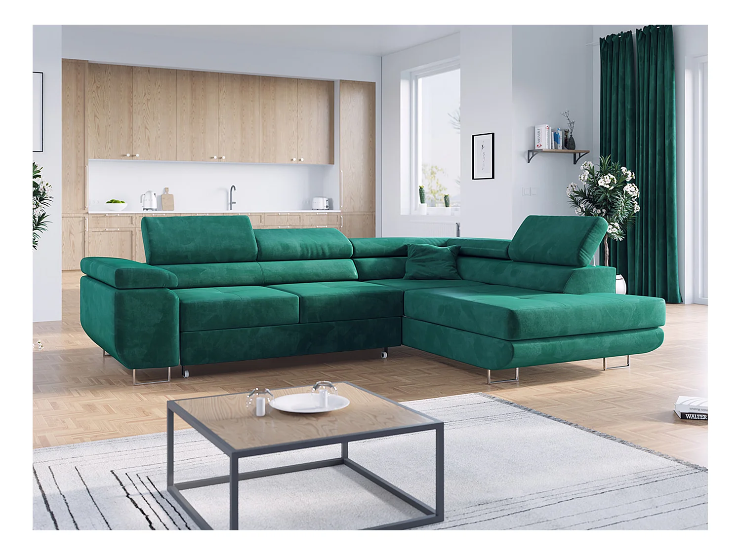 Ecksofa GUSTAW - mit Schlaffunktion, verstellbare Kopfstützen, Metallbeine - DunkelGrün Velvet - Ecke Rechts