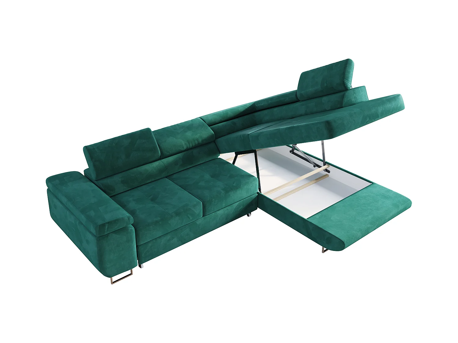 Ecksofa GUSTAW - mit Schlaffunktion, verstellbare Kopfstützen, Metallbeine - DunkelGrün Velvet - Ecke Rechts