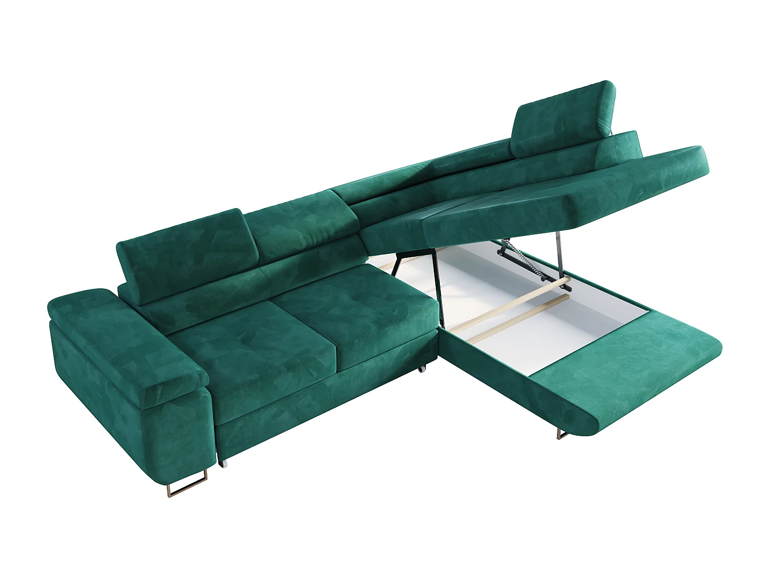 Ecksofa GUSTAW - mit Schlaffunktion, verstellbare Kopfstützen, Metallbeine - DunkelGrün Velvet - Ecke Rechts