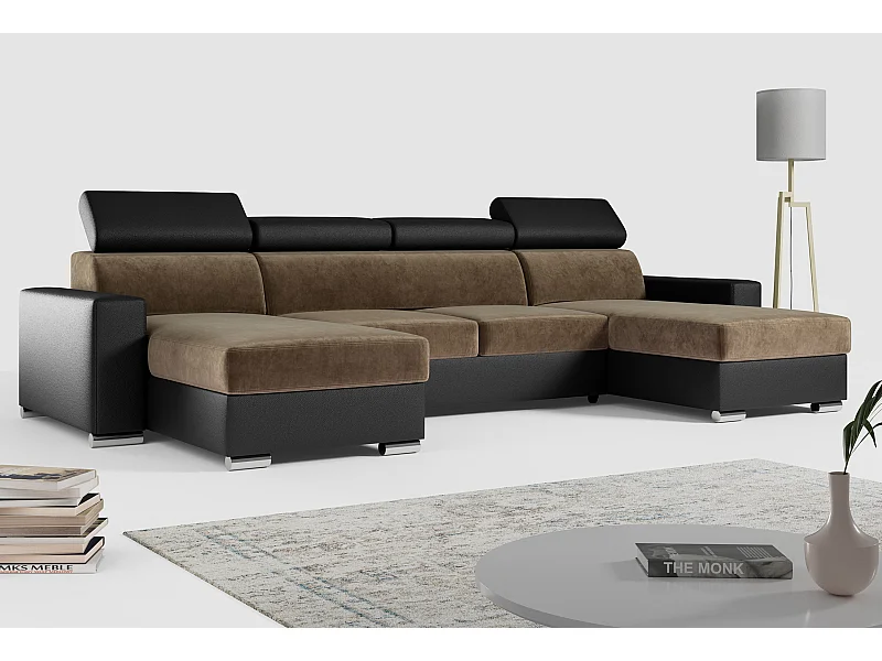 Ecksofa FOX U - verstellbare Kopfstützen, zwei Bettkästen, L-förmige Ecke mit Schlaffunktion, Armlehnen - Braun, Schwarz - Velvet, Kunstleder