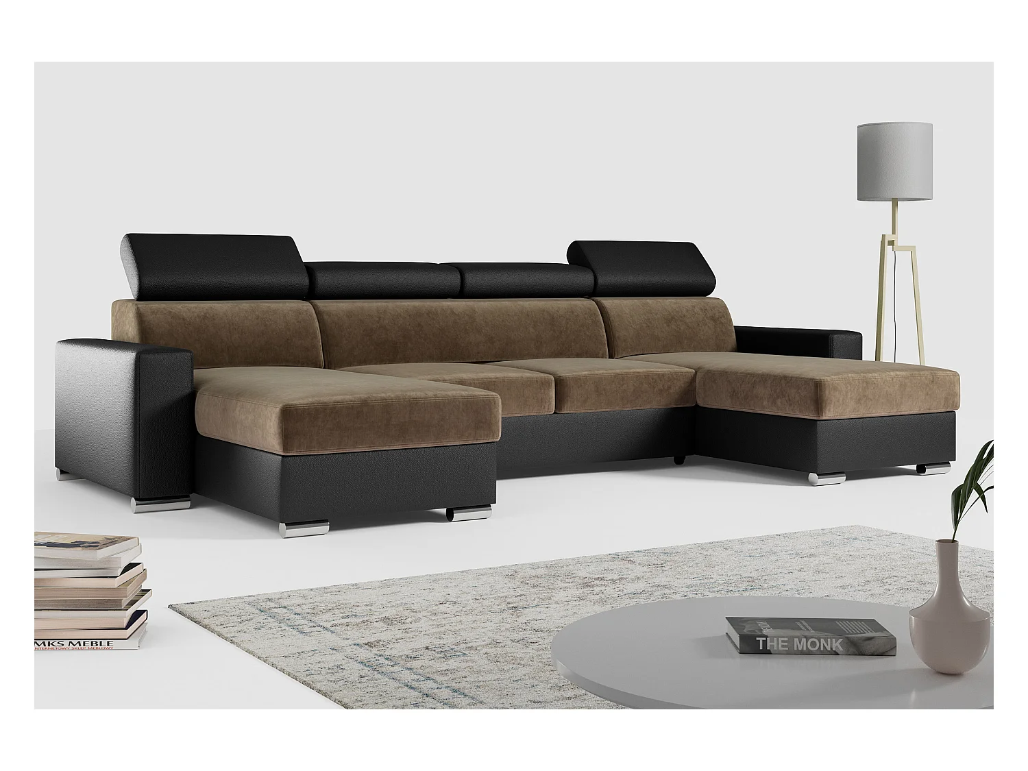 Ecksofa FOX U - verstellbare Kopfstützen, zwei Bettkästen, L-förmige Ecke mit Schlaffunktion, Armlehnen - Braun, Schwarz - Velvet, Kunstleder