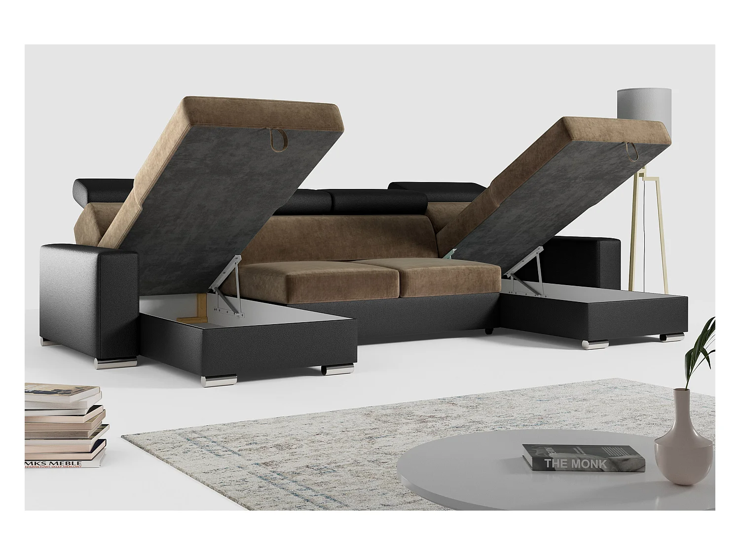 Ecksofa FOX U - verstellbare Kopfstützen, zwei Bettkästen, L-förmige Ecke mit Schlaffunktion, Armlehnen - Braun, Schwarz - Velvet, Kunstleder
