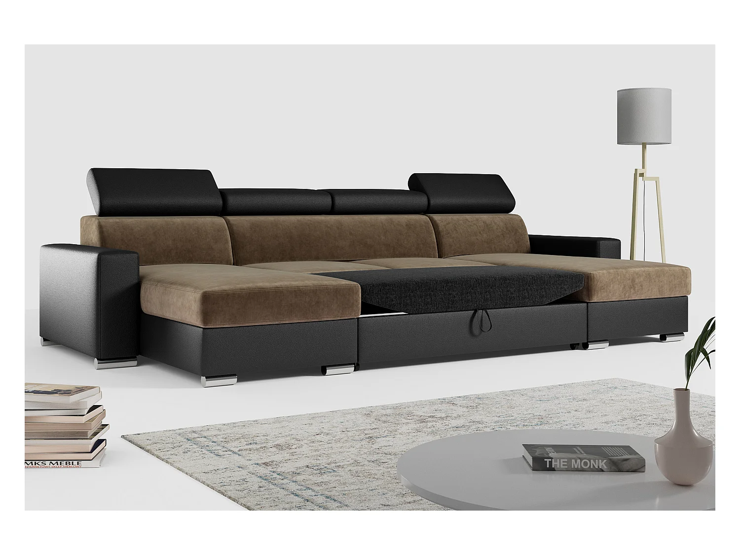 Ecksofa FOX U - verstellbare Kopfstützen, zwei Bettkästen, L-förmige Ecke mit Schlaffunktion, Armlehnen - Braun, Schwarz - Velvet, Kunstleder