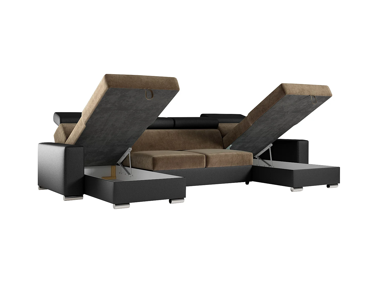 Ecksofa FOX U - verstellbare Kopfstützen, zwei Bettkästen, L-förmige Ecke mit Schlaffunktion, Armlehnen - Braun, Schwarz - Velvet, Kunstleder