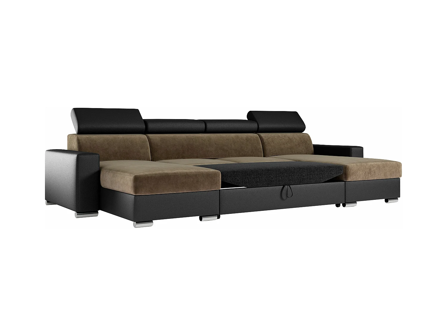 Ecksofa FOX U - verstellbare Kopfstützen, zwei Bettkästen, L-förmige Ecke mit Schlaffunktion, Armlehnen - Braun, Schwarz - Velvet, Kunstleder