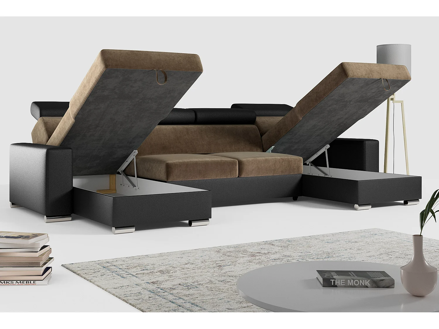 Ecksofa FOX U - verstellbare Kopfstützen, zwei Bettkästen, L-förmige Ecke mit Schlaffunktion, Armlehnen - Braun, Schwarz - Velvet, Kunstleder