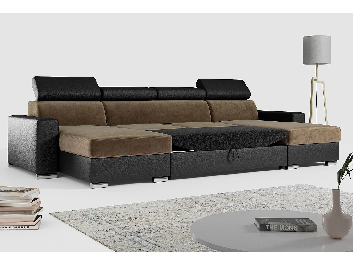 Ecksofa FOX U - verstellbare Kopfstützen, zwei Bettkästen, L-förmige Ecke mit Schlaffunktion, Armlehnen - Braun, Schwarz - Velvet, Kunstleder